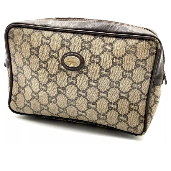 Gucci Monogram travel makeup bag clutch GG brown PVC leather & canvas purse - Picture 1 of 16